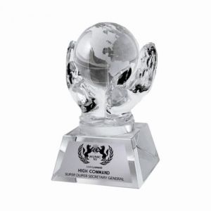 RECONOCIMIENTO DE CRISTAL MANOS CON EL MUNDO  ESPECIAL CON PLACA IMPRESIÓN SHINE COLOR